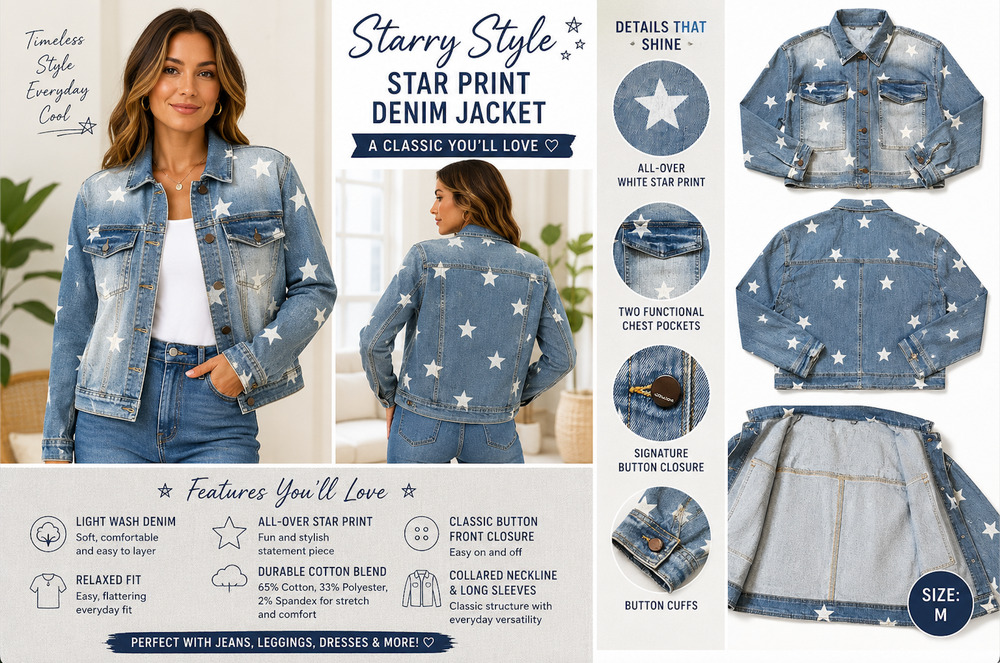 JouJou Star Print Denim Jacket Light Wash Stretch Button Front Size M